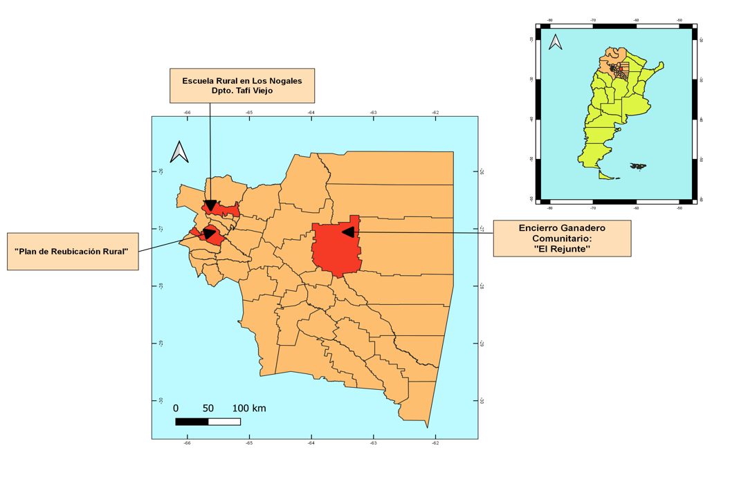 Localización de los tres casos de estudio en los mapas de las Provincias de Tucumán y Santiago del Estero (Argentina)